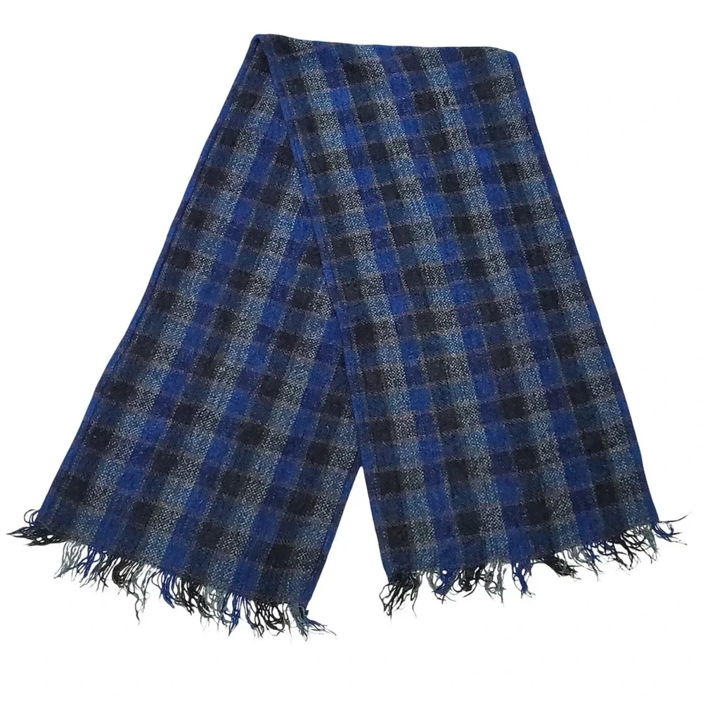 Boyne Valley Weavers‎ Plaid Scarf Blue Black Wool Fringe Handcrafted Ireland